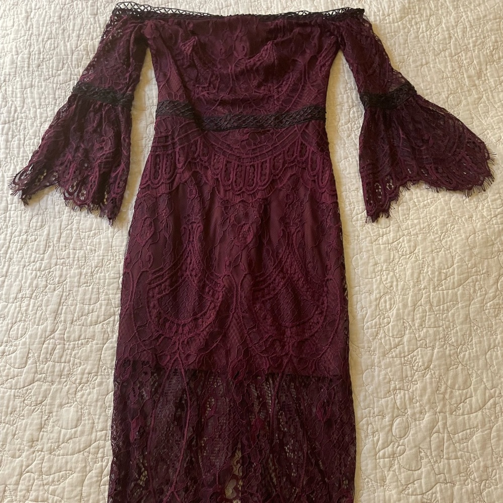 Brand new purple off the shoulder special occasion pencil dress.